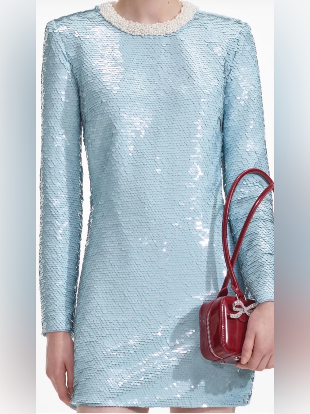 Self-Portrait Light Blue Sequin Long-Sleeve Mini Dress